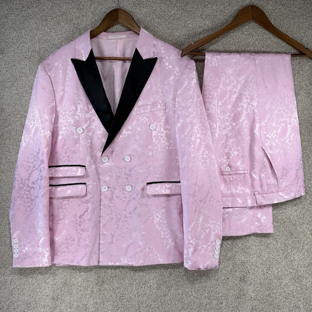 Pink Black Jaquard Prom Suit Shimmer Paisley Mens 44 XL Formal Hoco Embossed